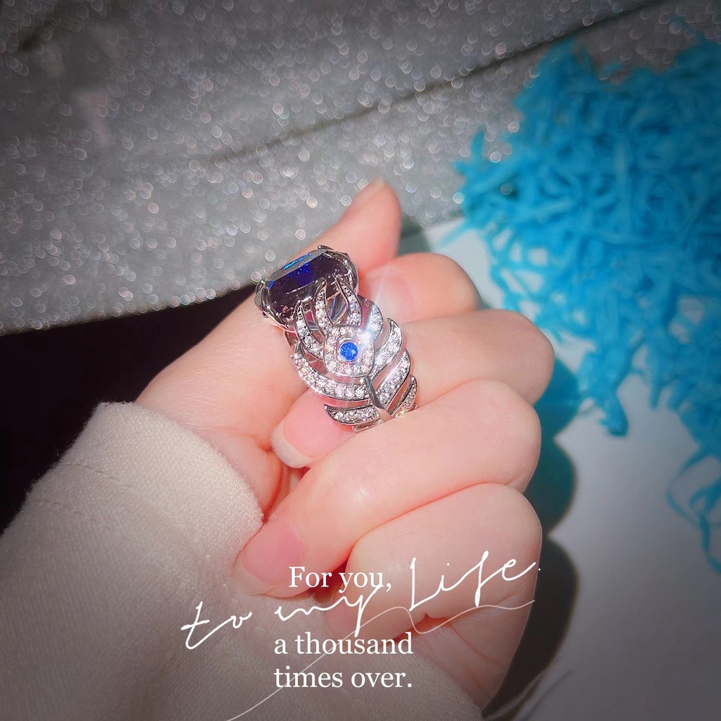 Goldkingdom Aksesoris Perhiasan Fashion Ready Stock Cincin Biru Royal Alami Nenek Imitasi Karat Besar, Harta Karun Warna Persegi Hijau Gemuk, Cincin Terbuka Perempuan