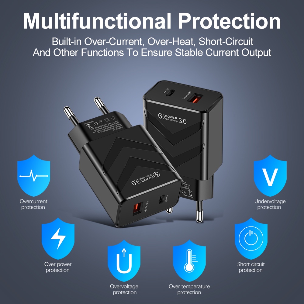 5v 3.1A Dual Port USB Tipe C Mewah US/EU Wall Plug Chargers Adapter Portabel 20W/18W PD Pengisian Cepat Pelindung Adoptor Charger