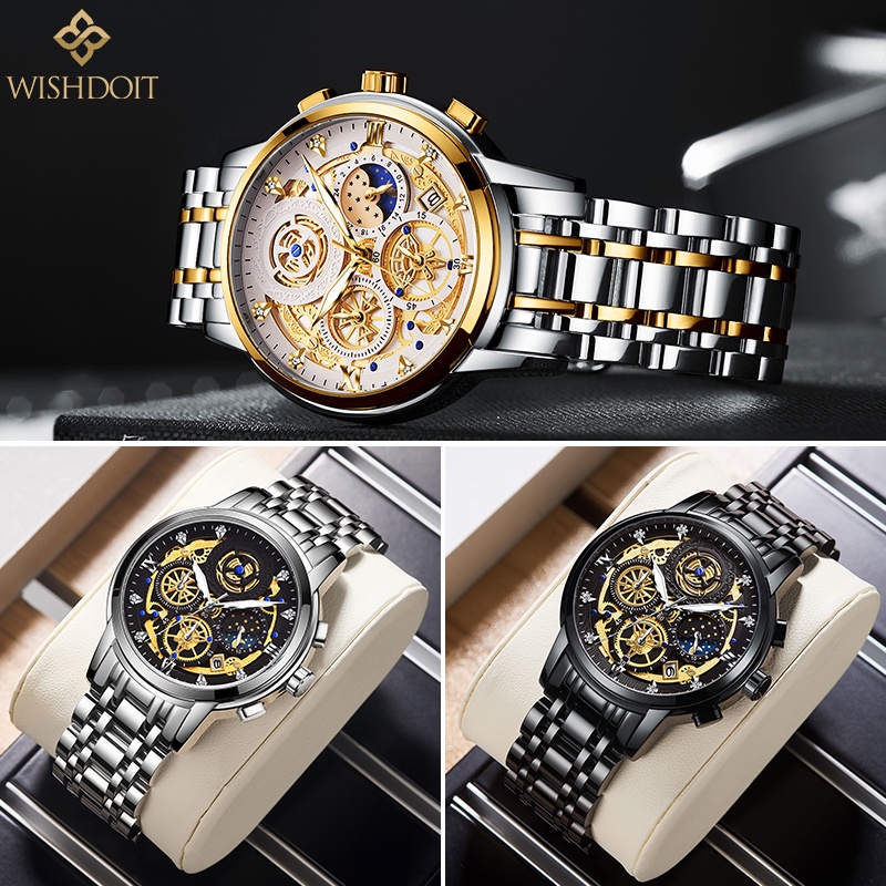 WISHDOIT Jam Tangan Pria Original Tahan Anti Air Laki Laki Lelaki Terbaru Keren Jam Tangan Cowok Besi Tahan Karat Silver/Hitam Luxury Men Watch Waterproof Stainless Steel Fashion Analog Sun/Moon/Stars Multifunction Chronograph Mechanical [Real Three Eyes]-4