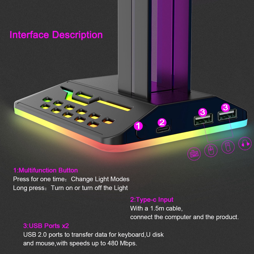 Gaming Headphone Stand Holder LED RGB 2 USB HUB Portable Gantungan Headset Multi-Color Flowing Light &amp; Single-Color Breathing Light Rechargable Earphone Hanger Bracket Phone Holder