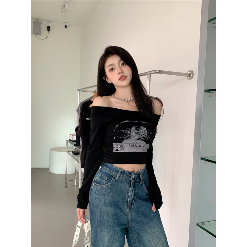 Red Black babes print one-shoulder inner wear women s spring short slim long-sleeve t-shirt off-the-shoulder bottoming shirt top ins