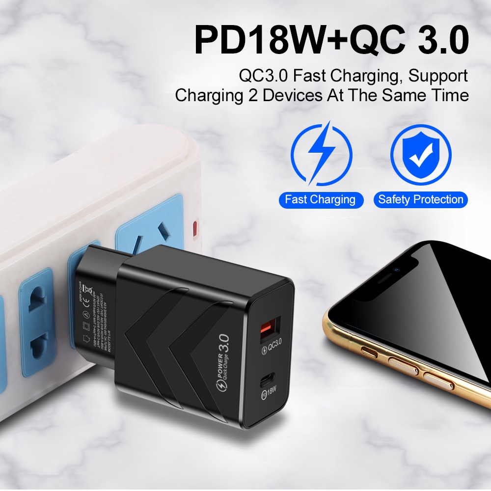 5v 3.1A Dual Port USB Tipe C Mewah US/EU Wall Plug Chargers Adapter Portabel 20W/18W PD Pengisian Cepat Pelindung Adoptor Charger