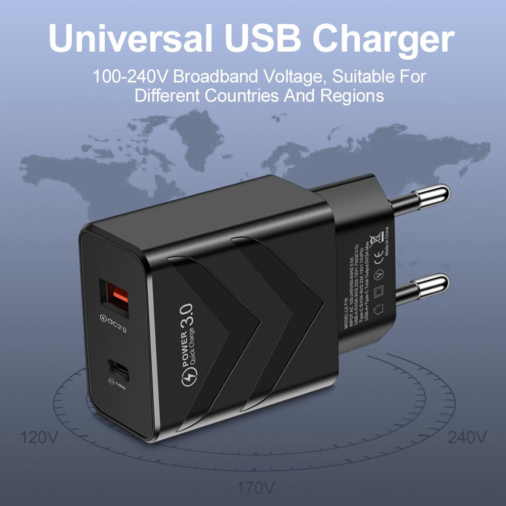 5v 3.1A Dual Port USB Tipe C Mewah US/EU Wall Plug Chargers Adapter Portabel 20W/18W PD Pengisian Cepat Pelindung Adoptor Charger