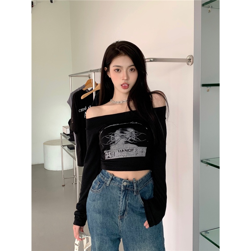 Red Black babes print one-shoulder inner wear women s spring short slim long-sleeve t-shirt off-the-shoulder bottoming shirt top ins