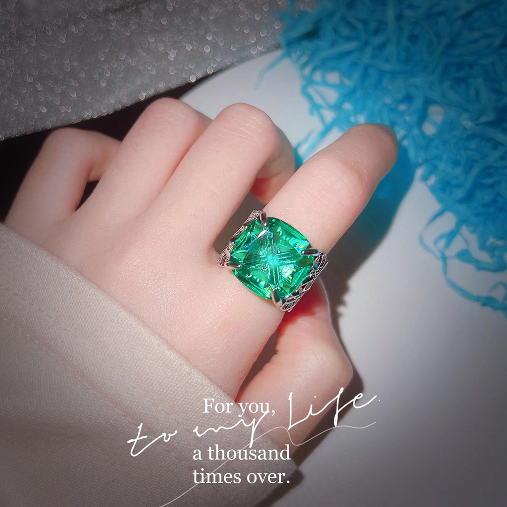 Goldkingdom Aksesoris Perhiasan Fashion Ready Stock Cincin Biru Royal Alami Nenek Imitasi Karat Besar, Harta Karun Warna Persegi Hijau Gemuk, Cincin Terbuka Perempuan