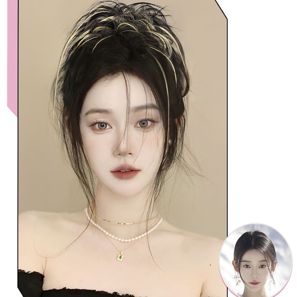 Rambut Bola Sarang Ayam Dengan Highlight Pink Cincin Rambut Palsu Untuk Meningkatkan Volume Rambut, Berbulu Dan Berantakan Perasaan Kepala Bola Aksesoris Rambut