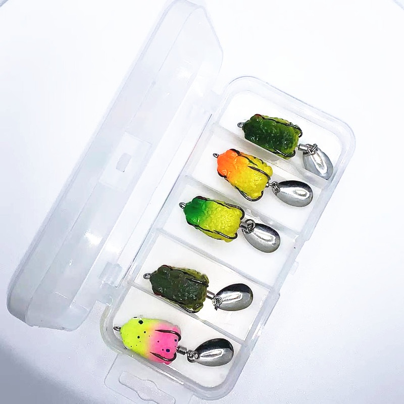 5 Pcs/Kotak Lembut Katak Memancing Umpan Kait Ganda 2.5 cm 3g Topwater Bass Katak Sendok Spinner Umpan Mengambang Buatan Memancing Tackle