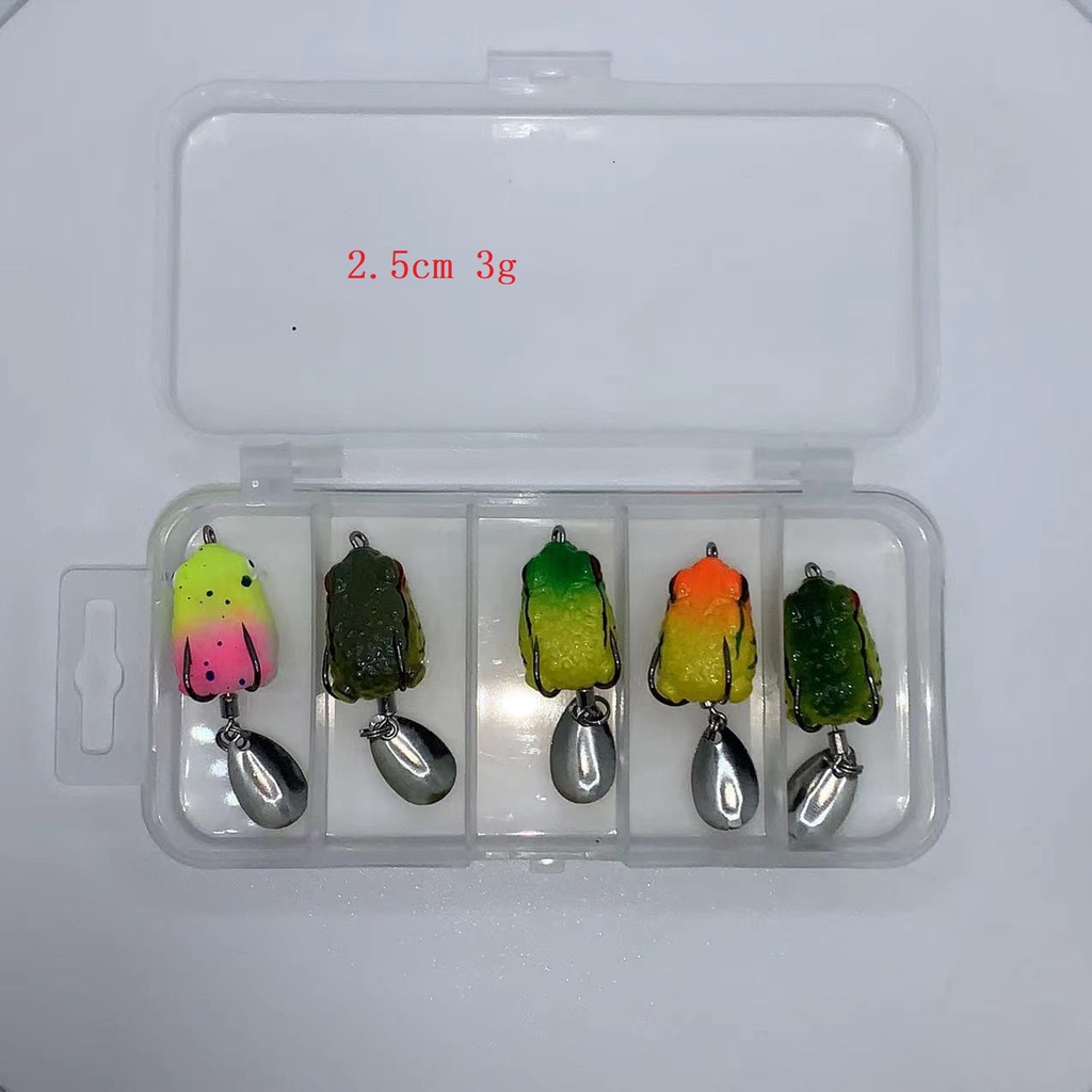 5 Pcs/Kotak Lembut Katak Memancing Umpan Kait Ganda 2.5 cm 3g Topwater Bass Katak Sendok Spinner Umpan Mengambang Buatan Memancing Tackle