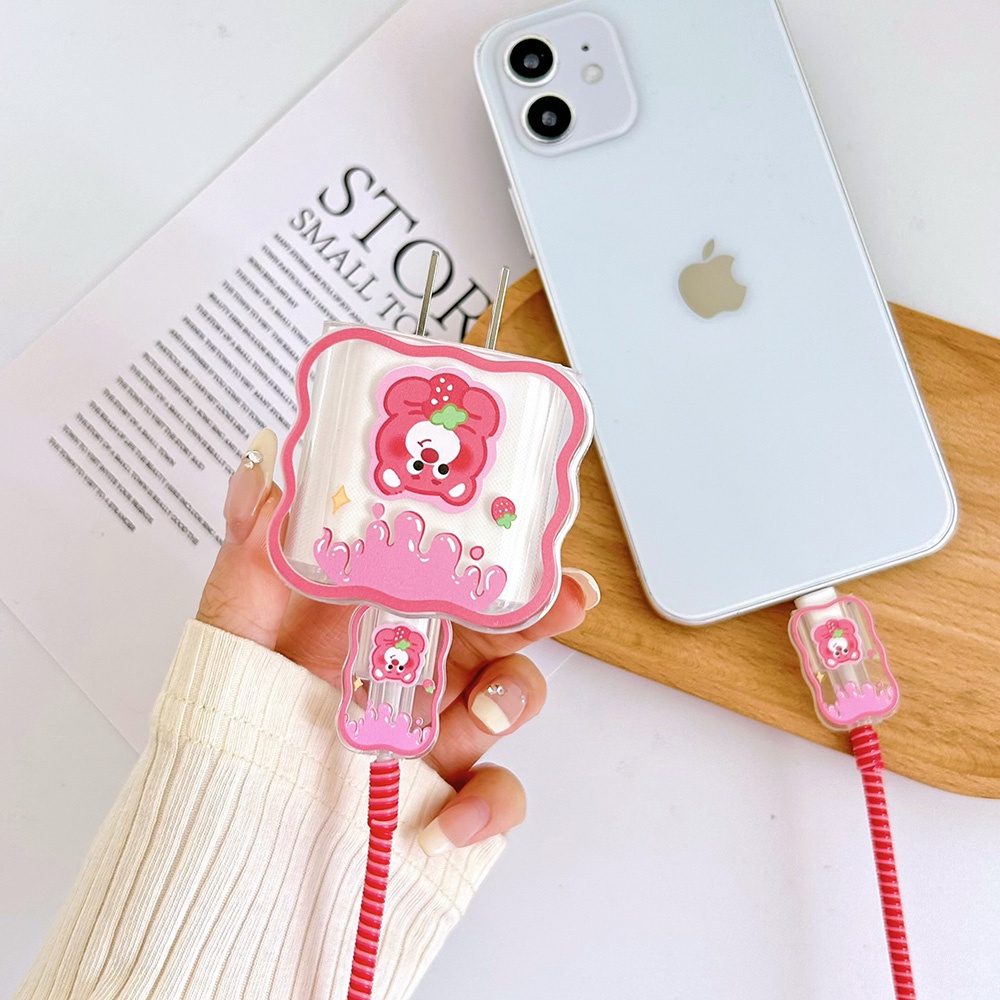 IPHONE 20w Fast Charger Pelindung Case Untuk Iphone14Per13 Charger Case Pelindung Kartun Strawberry Bear Kabel Data Case Pelindung Spongebob Squarepants Charging Head Protective Case