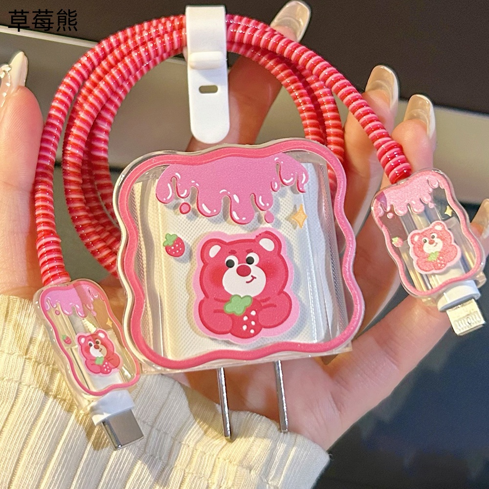 IPHONE 18/20w Kartun Strawberry Teddy Bear Casing Pelindung Untuk Iphone11 /12 /14 /13 Charger Case Pelindung Kabel Data