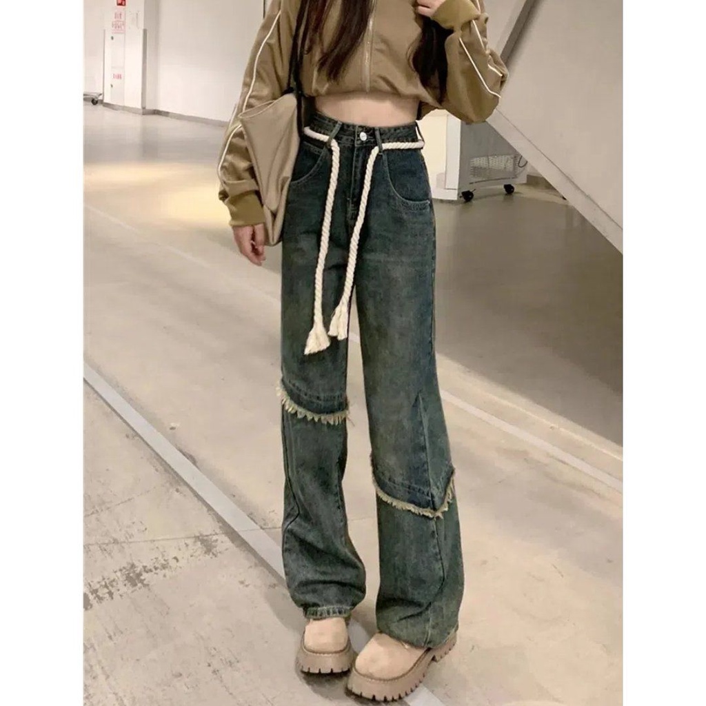 Red RAW edge old retro jeans wanita musim gugur longgar tali tebal rasa desain tinggi pinggang lurus lebar kaki celana trendi