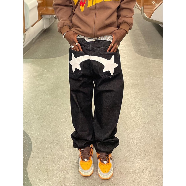 Jeans Gambar Bintang Hitam untuk Pria, Celana Jin Musim Panas 2022, Celana Jin Longgar Lurus Pinggan