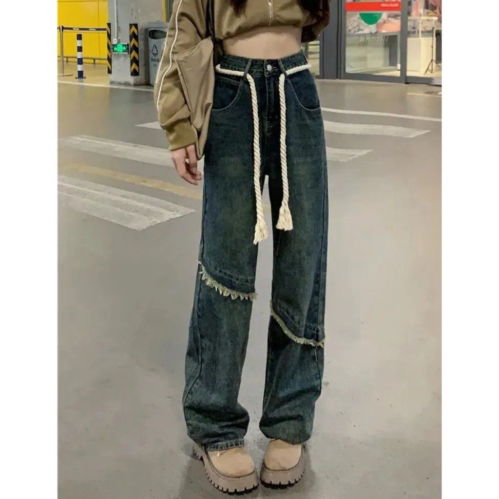 Red RAW edge old retro jeans wanita musim gugur longgar tali tebal rasa desain tinggi pinggang lurus lebar kaki celana trendi