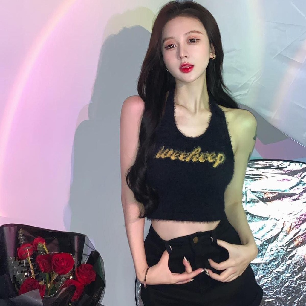 Red American hot gadis berbulu kecil rompi huruf menggantung leher top wanita musim gugur baru manis dan pedas hati-hati mesin suspender pendek