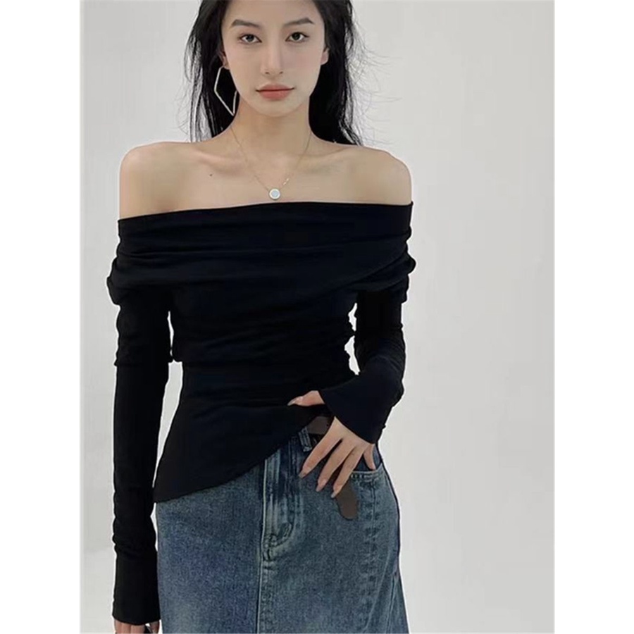 Red Keinginan murni gaya awal musim gugur miring bahu tulang selangka T-shirt one-shoulder top tidak teratur off-shoulder slim-fit kerah miring lengan panjang T-shirt pakaian wanita