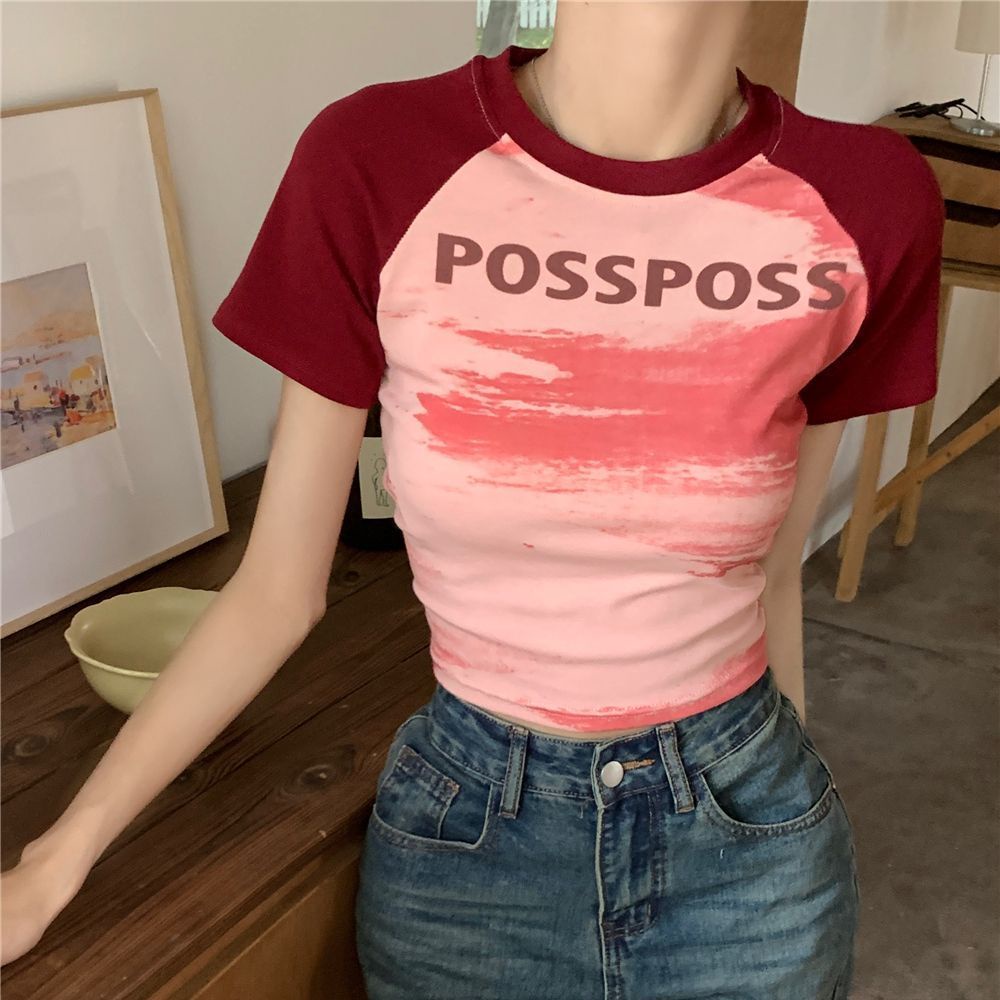 Red Huruf cetak lengan raglan T-shirt wanita musim panas baru retro ketat panas gadis pendek lengan pendek slim fit top