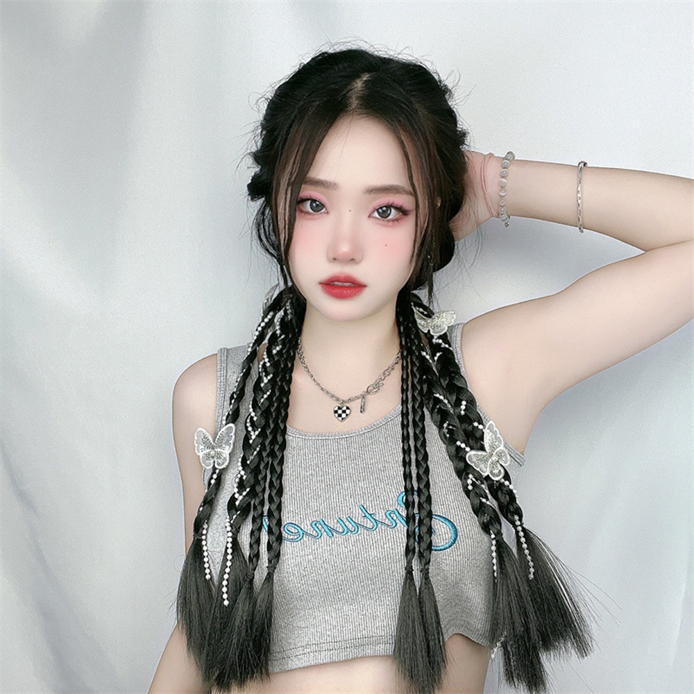 1pcs Gaya Korea Y2K Mutiara Memutar Kepang Dengan Kupu-Kupu Tulang Ikan Double Ponytail Wig Untuk Wanita Gadis Aksesoris Rambut