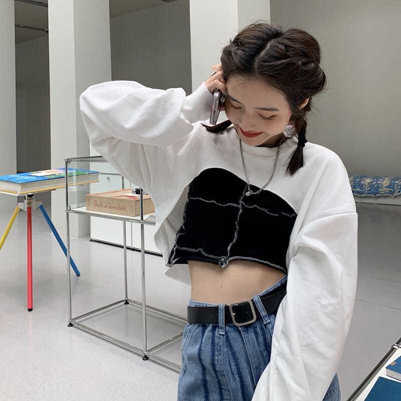 Red Net merah tidak teratur lengan panjang sweater wanita musim gugur versi Korea baru desain rasa hati-hati mesin rompi pendek selempang in