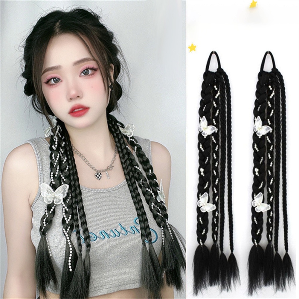 1pcs Gaya Korea Y2K Mutiara Memutar Kepang Dengan Kupu-Kupu Tulang Ikan Double Ponytail Wig Untuk Wanita Gadis Aksesoris Rambut