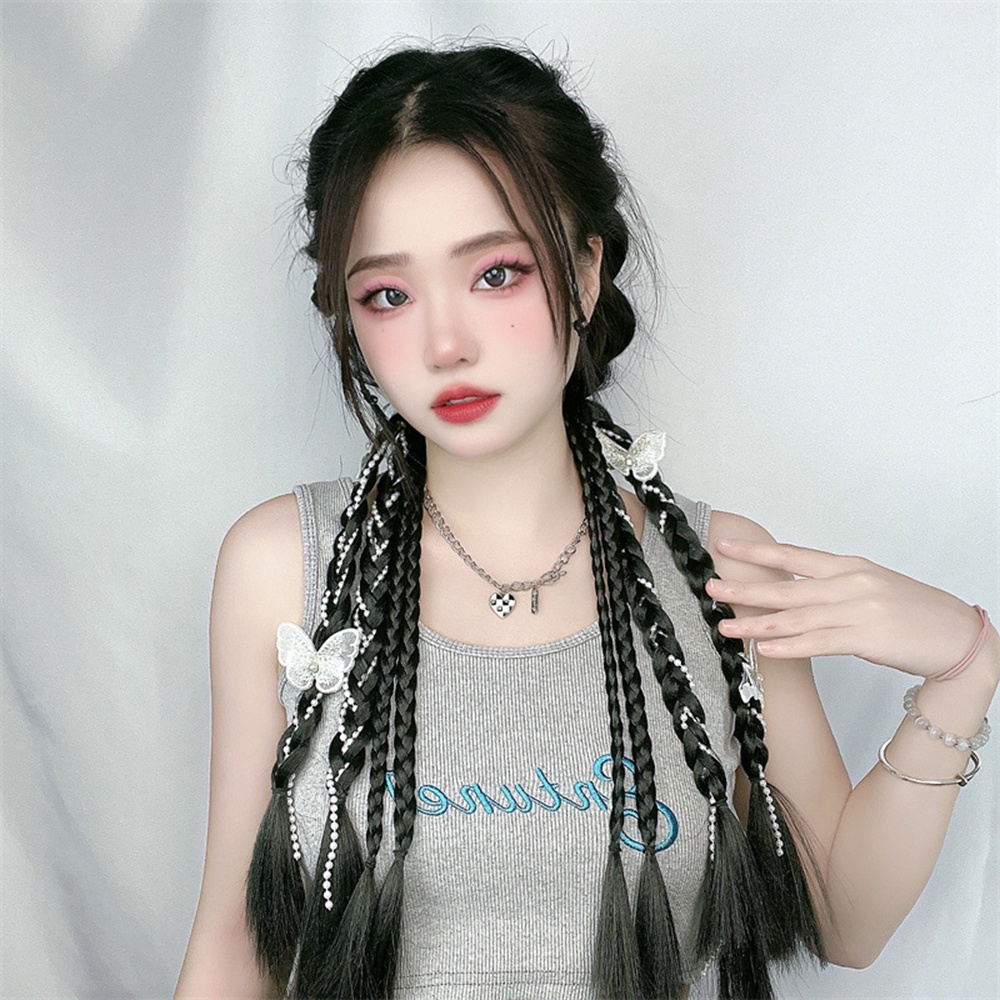 1pcs Gaya Korea Y2K Mutiara Memutar Kepang Dengan Kupu-Kupu Tulang Ikan Double Ponytail Wig Untuk Wanita Gadis Aksesoris Rambut