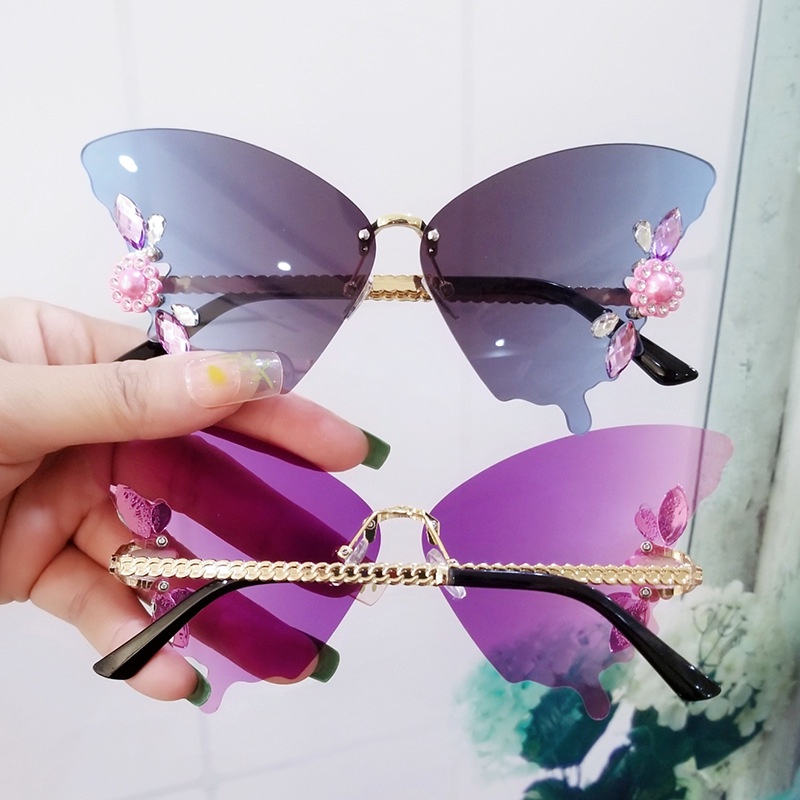 (YUZHU) Western Fashion Butterfly Rimless Sunglasses Kacamata Hitam Gradasi Berlian Untuk Wanita