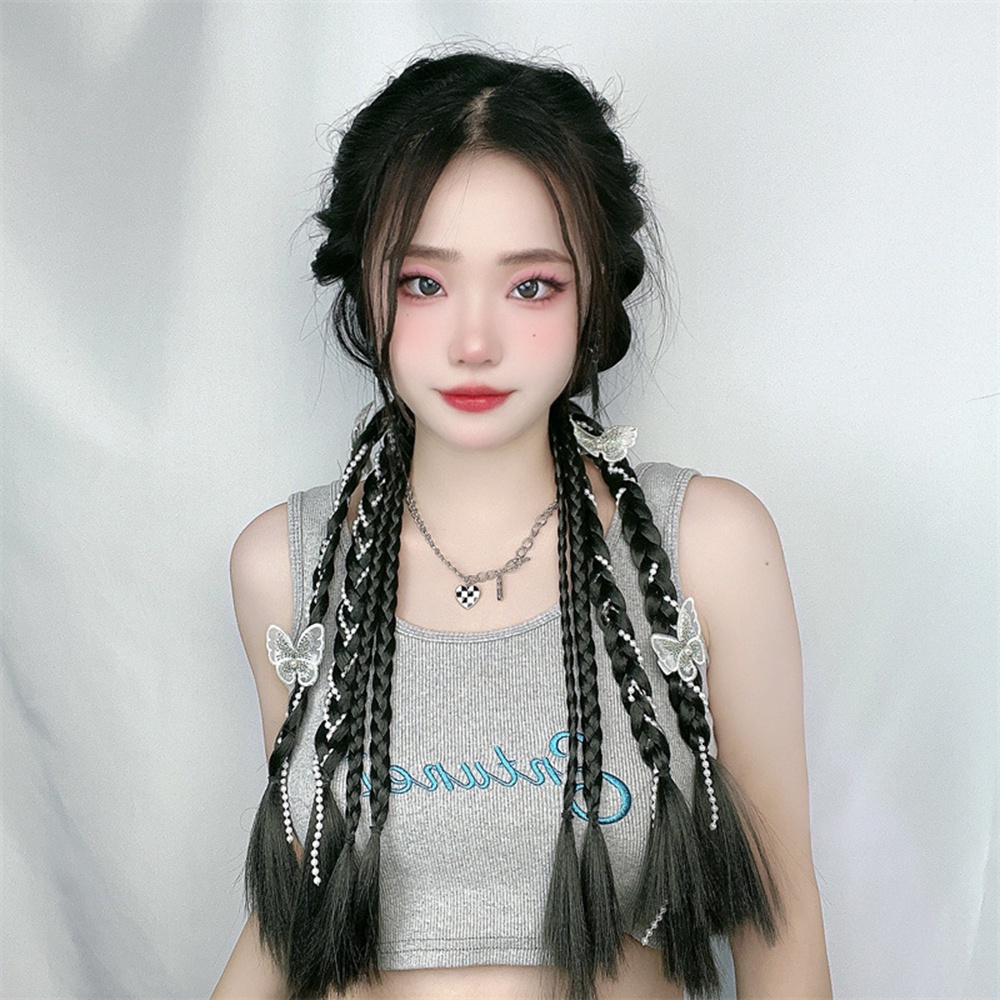 1pcs Gaya Korea Y2K Mutiara Memutar Kepang Dengan Kupu-Kupu Tulang Ikan Double Ponytail Wig Untuk Wanita Gadis Aksesoris Rambut