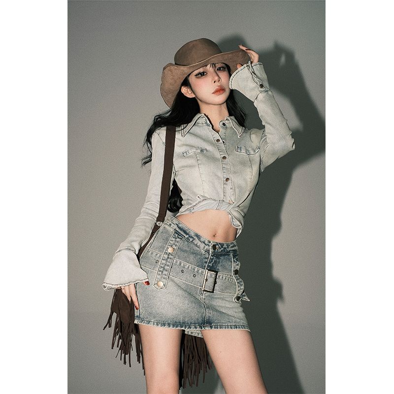 Red Bibi Barbie Retro Amerika Rok Denim Wanita 2023 Musim Semi Baru Tinggi Pinggang Slim Hot Girl Paket Rok Pinggul