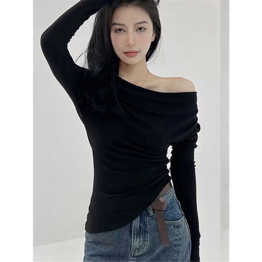 Red Keinginan murni gaya awal musim gugur miring bahu tulang selangka T-shirt one-shoulder top tidak teratur off-shoulder slim-fit kerah miring lengan panjang T-shirt pakaian wanita