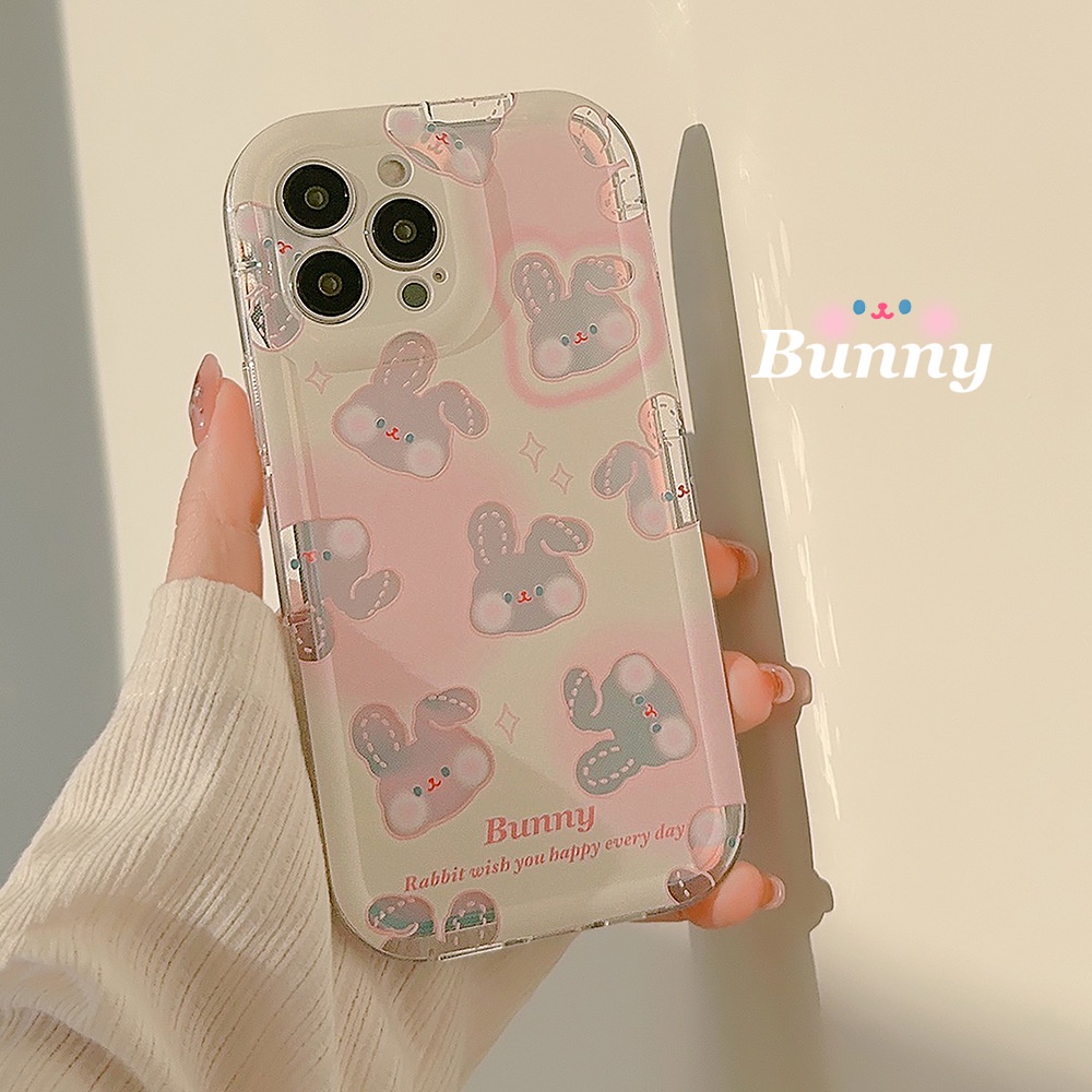 IPHONE Lucu Kartun Pink Bunny Kelinci Transparan Laser Film Ponsel Case Cover Untuk Iphone11 12 13 14 PLUS PRO MAX Perlindungan Penuh Soft Shell