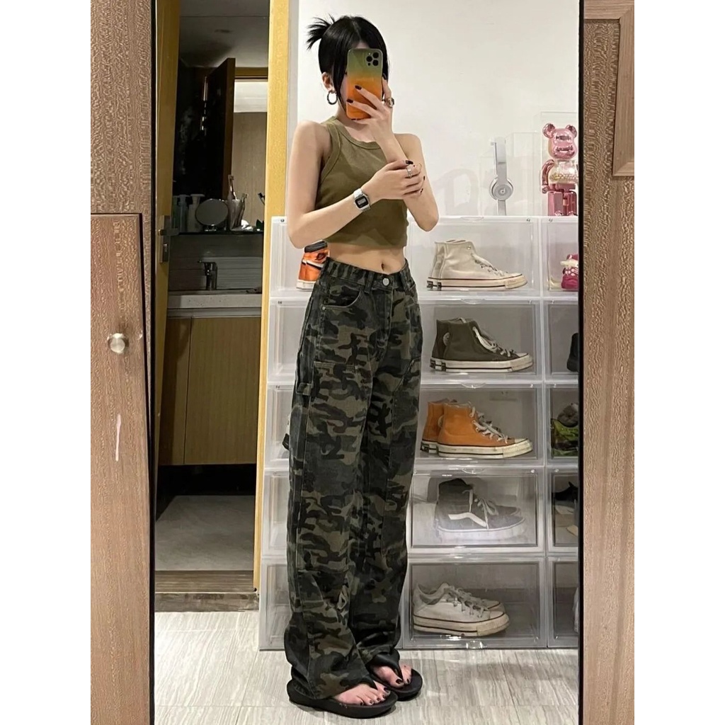 Red Celana jeans kamuflase hijau tentara wanita musim panas in high street versi Korea longgar baru slim tie-dye lurus lebar kaki celana