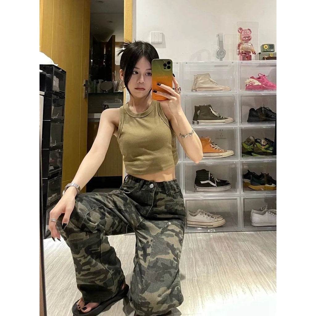 Red Celana jeans kamuflase hijau tentara wanita musim panas in high street versi Korea longgar baru slim tie-dye lurus lebar kaki celana