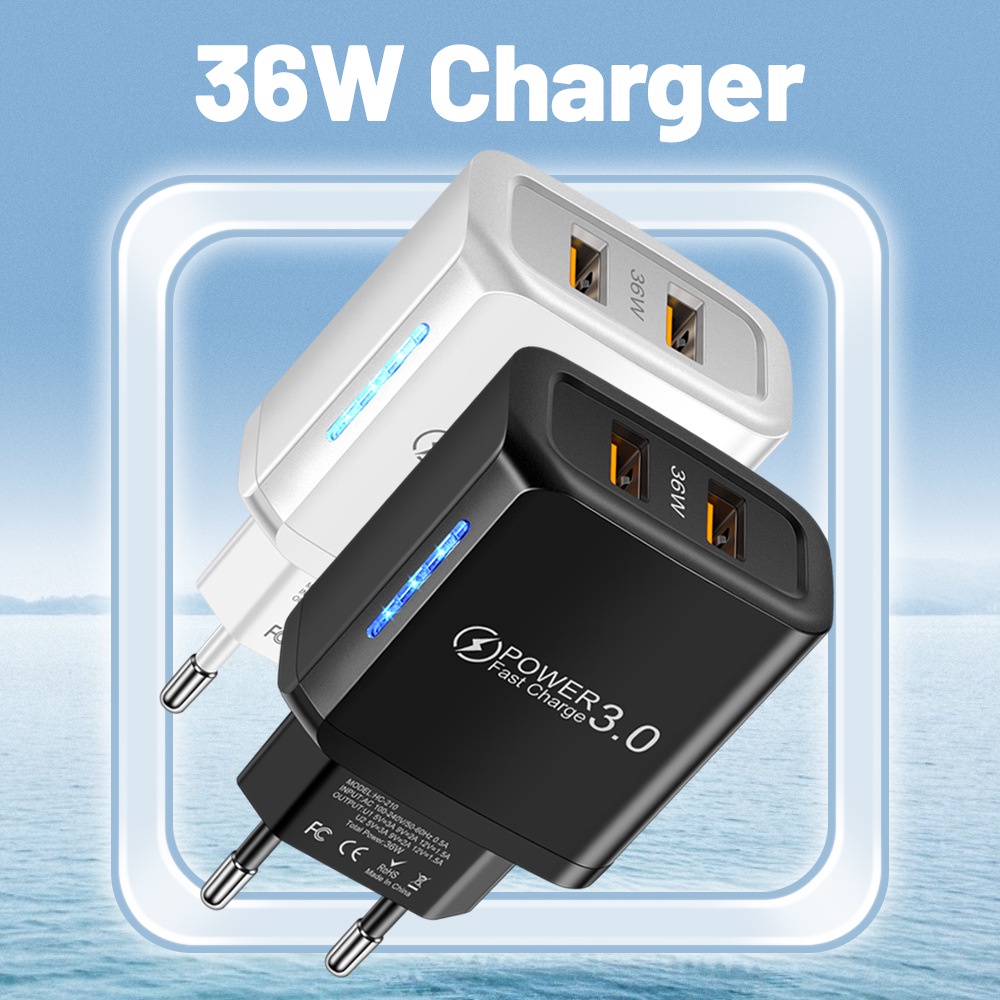 36w Pengisian Cepat Dual USB Type C Charger Ponsel QC3.0 Adaptor Daya Pengisian Cepat Charger Dinding Dengan Lampu