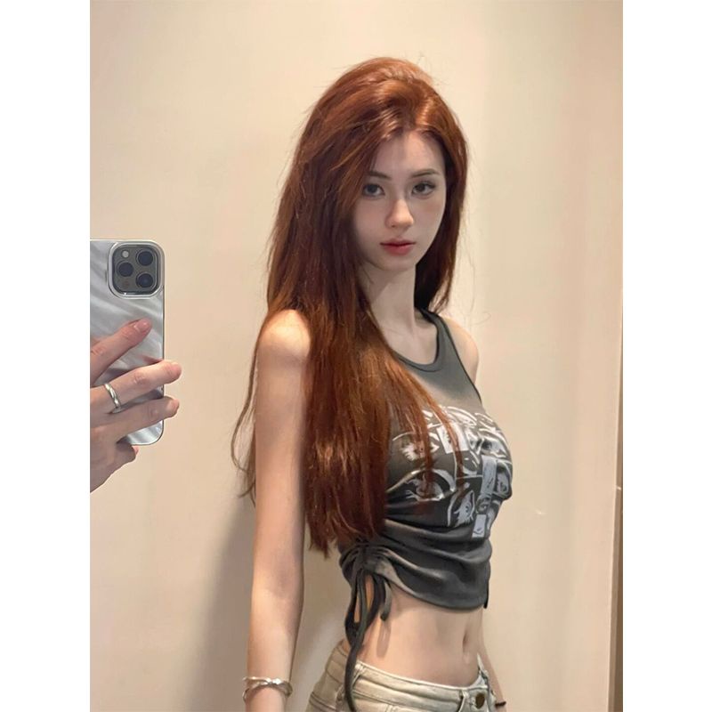 Red Pola kreatif cetak mata kamisol retro wanita seksi gadis pendek bagian pusar tali serut tanpa lengan atasan trendi