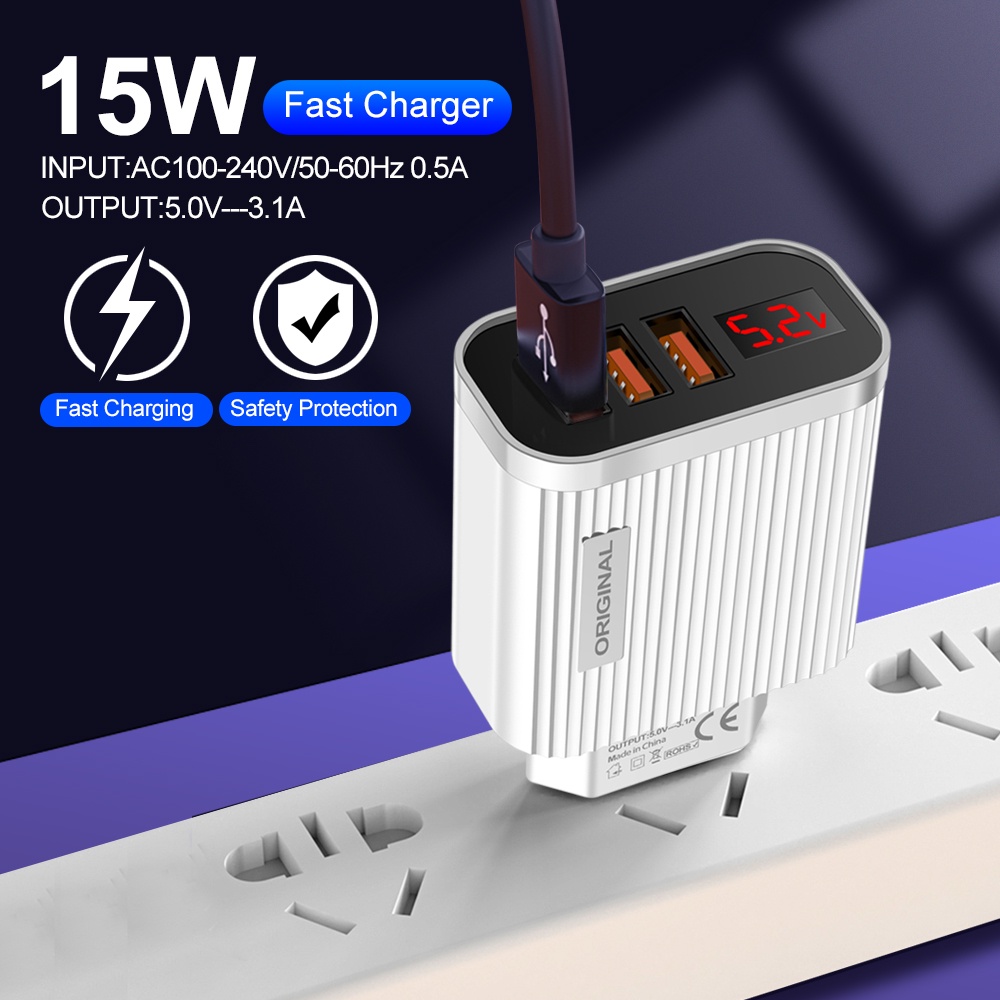 5v 3.1A Digital Display Charger 3port QC3.0 Ponsel Adaptor Daya Dinding Dengan Display LED Pengisian Cepat Adaptor Perjalanan