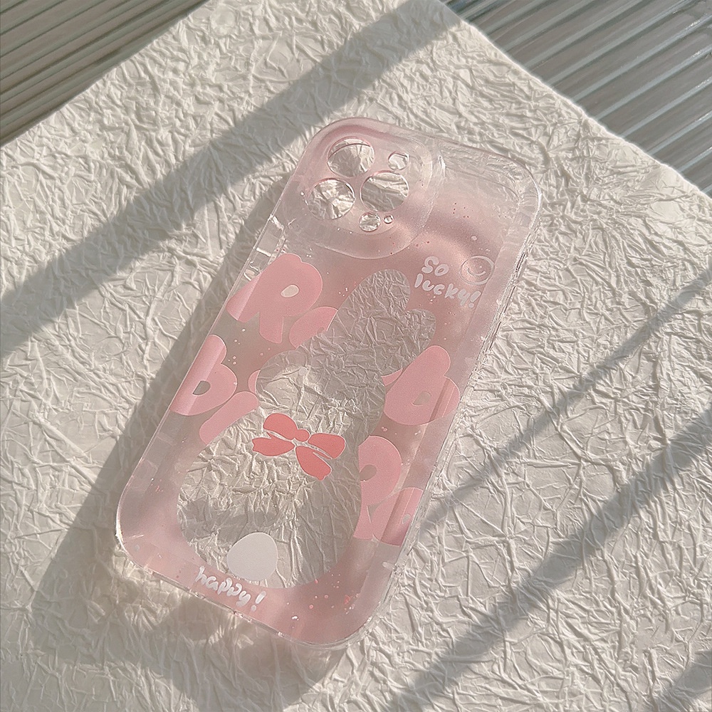 IPHONE Ins Lucu Pink Garis Burik Kelinci Kartun Silikon Case Dengan Kartu Laser Untuk Iphone14 11 12 13 PRO MAX Casing Cover Pelindung AT0054
