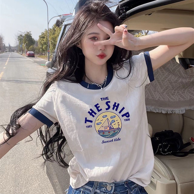 Red 2022 Musim Panas Baru Putih Lengan Pendek T-shirt Wanita Bahu Depan Katun Murni Longgar All-Match Warna Kontras Geometris setengah Lengan T-shirt Tide