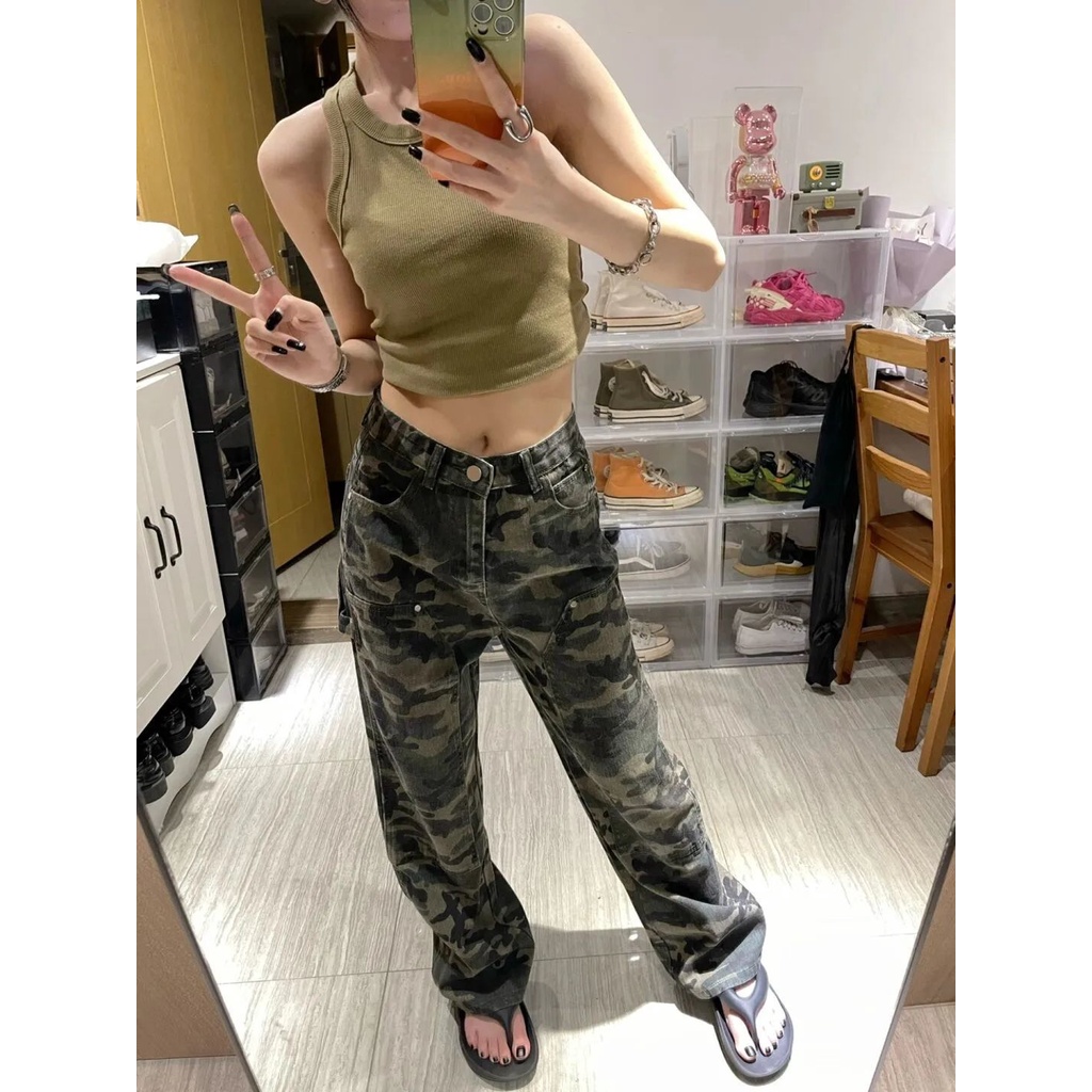 Red Celana jeans kamuflase hijau tentara wanita musim panas in high street versi Korea longgar baru slim tie-dye lurus lebar kaki celana