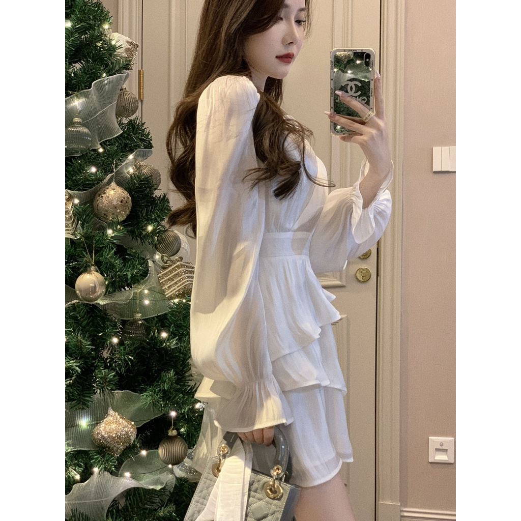 Red Gaya keinginan murni mengkilap gaun pinggang tinggi tidak beraturan wanita musim semi pinggang baru rok lengan engah V-neck pelangsing