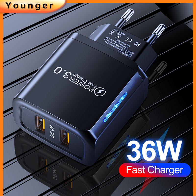 36w Pengisian Cepat Dual USB Type C Charger Ponsel QC3.0 Adaptor Daya Pengisian Cepat Charger Dinding Dengan Lampu