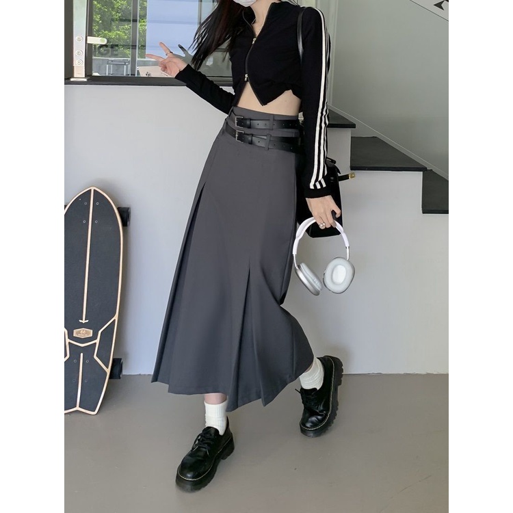 Red Lipit Rok A-line Musim Gugur Versi Korea 2022 Fashion Pinggang Tinggi Rok Panjang Model High-End Setelan Rok Wanita In Tide