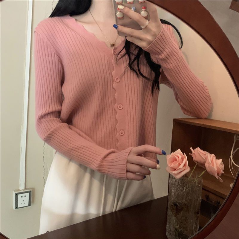 Red 2023 Awal Musim Gugur Baru V-Leher Sweater Lengan Panjang Cardigan Sweater Mantel Kecil Serbaguna Wanita Angin Lembut Top