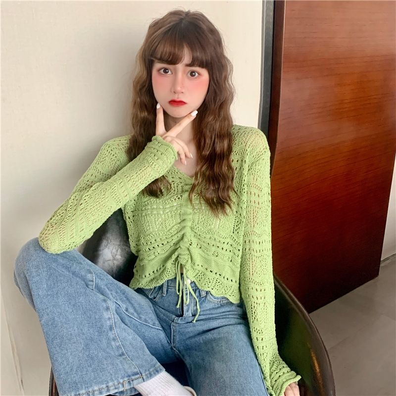 Red Xiaoxiangxiang Hollow V-Leher Lengan Panjang Rajutan Sweater Wanita 2021 Baru Musim Semi dan Musim Gugur Bagian Tipis Longgar Serut Sun Protection Top