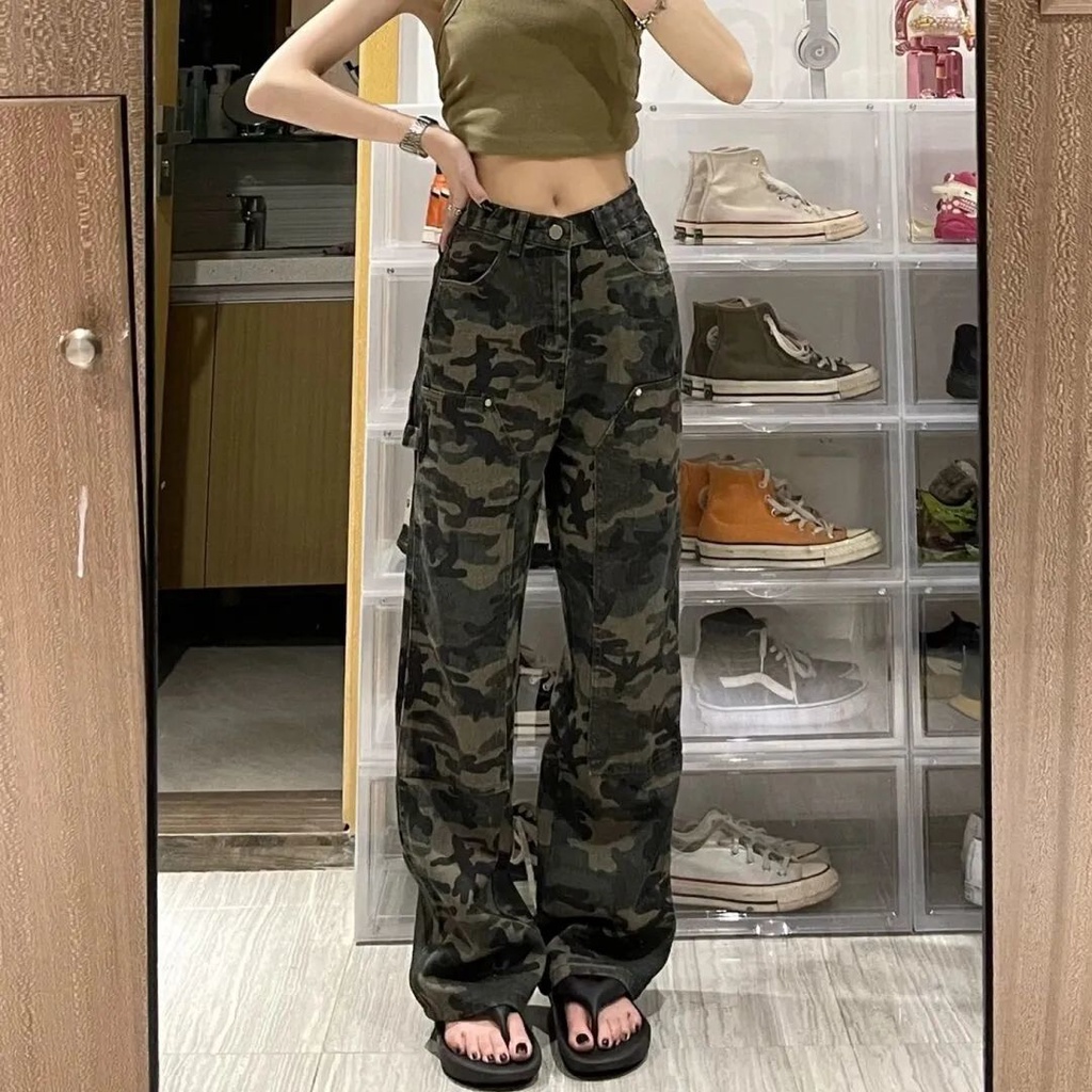 Red Celana jeans kamuflase hijau tentara wanita musim panas in high street versi Korea longgar baru slim tie-dye lurus lebar kaki celana