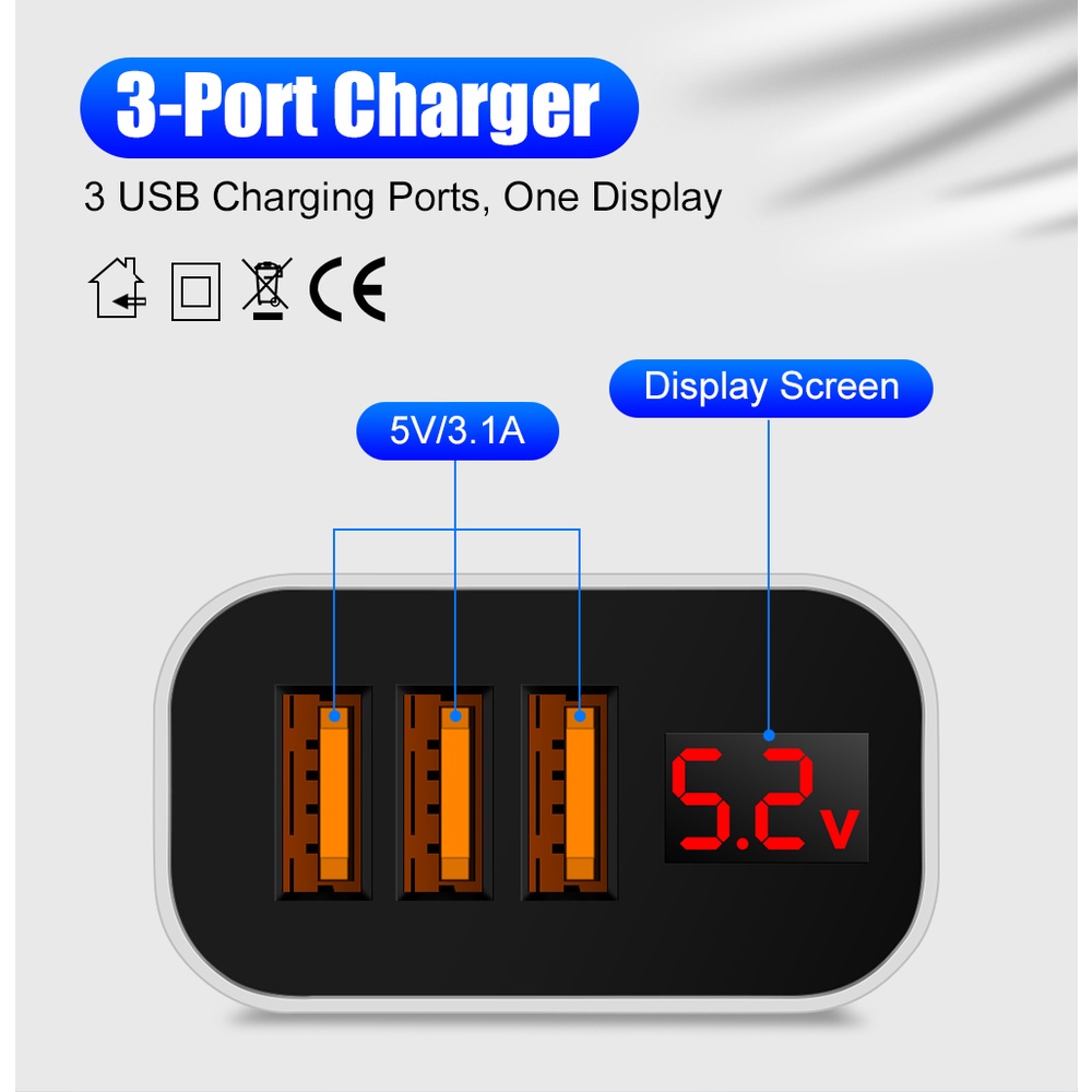 5v 3.1A Digital Display Charger 3port QC3.0 Ponsel Adaptor Daya Dinding Dengan Display LED Pengisian Cepat Adaptor Perjalanan