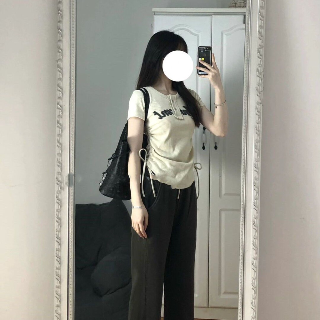 Red chic pure desire hot girl chic top 2023 summer design sense irregular drawstring short sleeve front shoulder T-shirt tren wanita