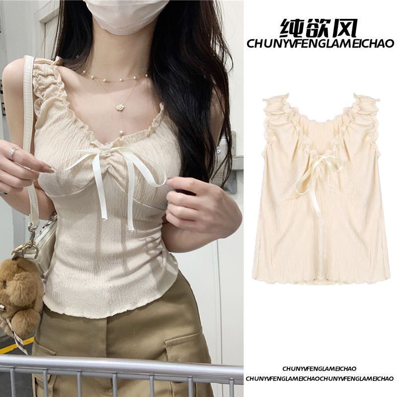 Red Rompi all-match wanita hot girl gaya keinginan murni dengan lipit jamur busur musim semi dan musim panas tanpa lengan pendek bagian dalam