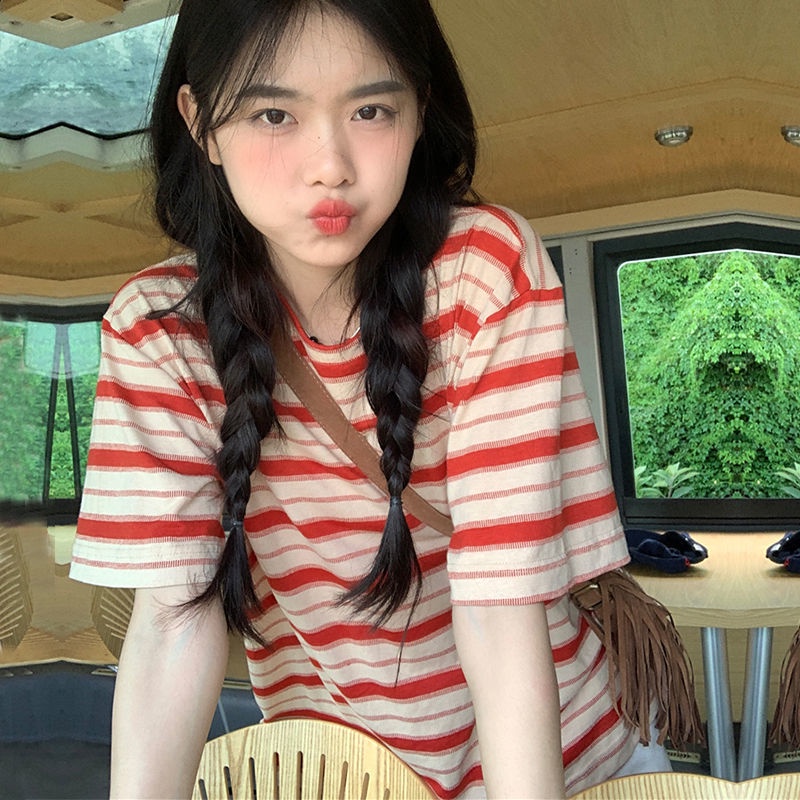 Red T-shirt lengan pendek wanita musim panas bergaris merah Jepang katun murni versi Korea longgar ramping perguruan angin atas olahraga