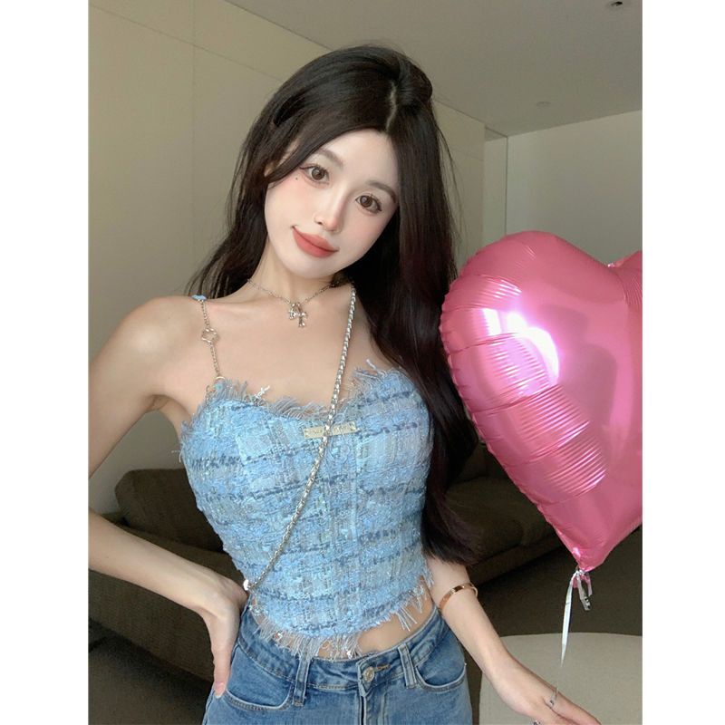 Red Rompi suspender rumbai biru wanita musim panas manis hot gadis pakaian luar desain rasa keinginan murni chic pakaian dalam atasan pendek