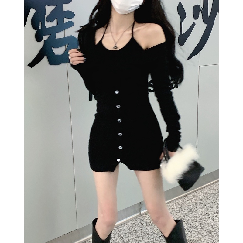 Red Kumikumi Palsu Gaun Dua Potong Babes Seksi Tanpa Tali Tas Pinggang Hip Rok Musim Semi Menggantung Leher A-line Rok Pakaian Wanita