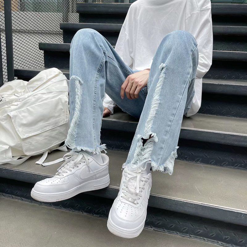 Celana Jeans Sobek Kaki Lebar Lurus Longgar Pria